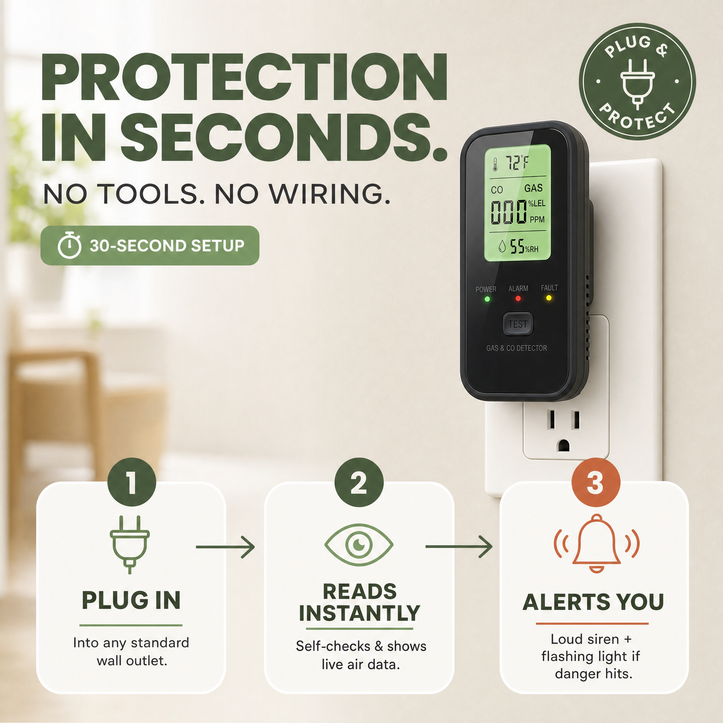 4 in 1 Plug-In Carbon Monoxide and Gas Leak Detector